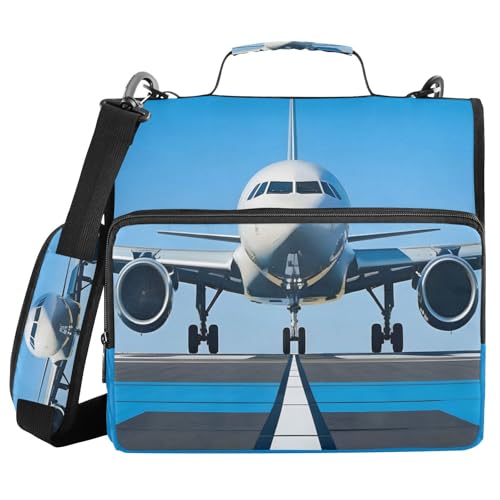 White Airplane Aircraft 3 Ring Binder Bag 1.5 inch Binder Organizer with Zipper Shoulder Strap 500 Sheet Documents Storage for School Office - color: A016, size: 13.6 x 12.4 x 3.5 in