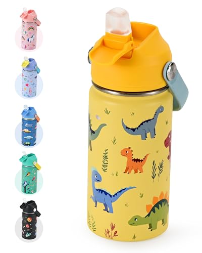Kids Water Bottle 14oz, Insulated Toddler Water Bottle Stainless Steel | Keeps Cold 24H, Silicone Straw Lid, Leak Proof & Dinosaur Prints Design, Custom Name Tag for School, Daycare, Travel - color: Dinosaur