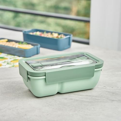 Restaurantware-Bento Tek 28.7 Ounce Bento Box, 1 Reusable Lunch Container - With Fork And Spoon, Does Not Contain BPA, Green Plastic Reusable Lunch Box, Microwavable, Dishwashable - size: 1 Count, style: 29 oz - Green