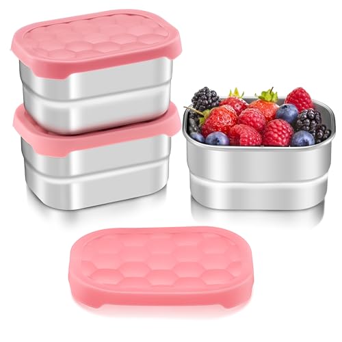 HaWare Stainless Steel Snack Containers for Toddlers and Kids, 8 oz Leak Proof Food Storage Containers with Silicone Lids, Stackable & Reusable Small Metal Lunch Box for Daycare and School- 3 Packs - color: Pink, size: 8oz×3