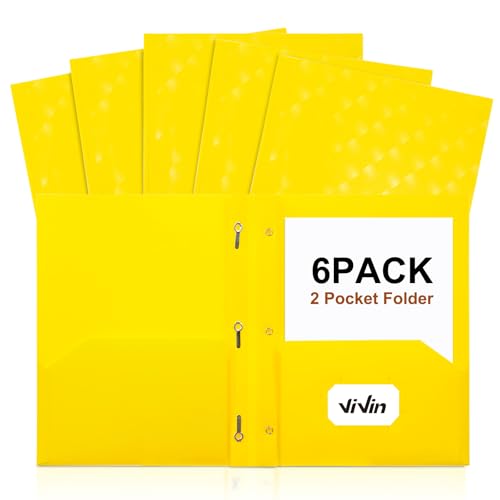 ViVin Plastic Folders with Pockets and Prongs,6 Pack,Heavy Duty 2-Pocket File Folder with 3 Fasteners,Fits Letter Size Paper,for School Home and Office(Bright Yellow) - color: Bright Yellow, size: 6 PACK