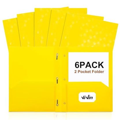 ViVin Plastic Folders with Pockets and Prongs,6 Pack,Heavy Duty 2-Pocket File Folder with 3 Fasteners,Fits Letter Size Paper,for School Home and Office(Bright Yellow) - color: Bright Yellow, size: 6 PACK