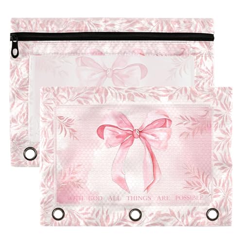 Wamika Bow Cherry Binder Pouches 3 Ring for Boys Girls School Office College Supplies Bowknot White Pencil Pouches Case Bag with Clear Window and Zipper 2 pack - color: Cherry