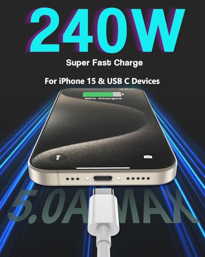240W USB C Cable, USB C to USB C, C to C Cable Fast Charging for MacBook Pro/MacBook Air, iPad Pro/iPad Air, iPhone 16 Pro Max/ 16 15 Pro/Plus,Samsung,Compatible 140W/100W /65W/45W/35W/20W (2Pack,3ft) - color: White, size: 3.3FT