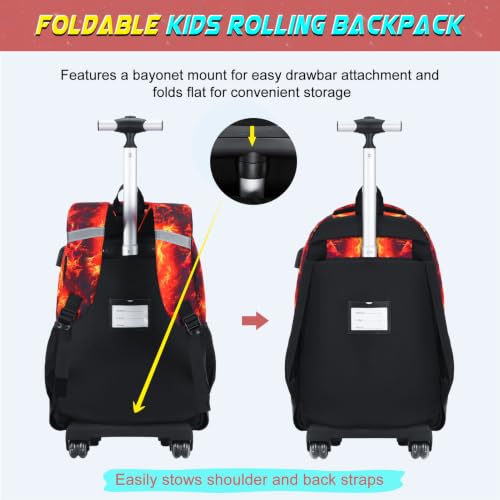 Scothen 3PCS Rolling Backpack for Boys, Cool Gamer Roller Backpack with Wheels, Kids Boy Wheeled Backpacks with Lunch Bag Pencil Case for Teens Bookbag Kindergarten Elementary Middle School - color: Red Flame