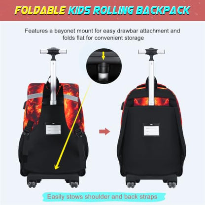 Scothen 3PCS Rolling Backpack for Boys, Cool Gamer Roller Backpack with Wheels, Kids Boy Wheeled Backpacks with Lunch Bag Pencil Case for Teens Bookbag Kindergarten Elementary Middle School - color: Red Flame