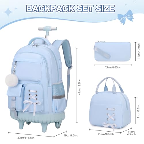 Scothen Rolling Backpack for Girls, Girls Backpack Set with Lunch Box & Pencil Pouch for Teen Girl Kids Children Elementary Middle School, Bookbag Daypack Laptop Travel Backpack with Wheels (Blue) - color: Blue