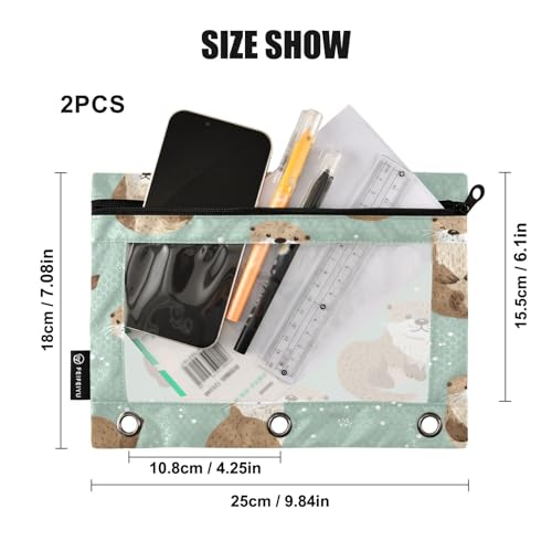 Pencil Pouch for 3 Ring Binder Cute Otters Pattern Clear Window Stationery Bag Pencil Case 2 Pack for Office School Supplies - color: Cute Otter
