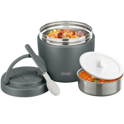 wiwens Thermo Food Jar for Hot Food Adults 32OZ Soup Thermo Lunch Containers Wide Mouth Vacuum Insulated Stainless Steel Leakproof Bento Box with Spoon (Grey) - color: Gray