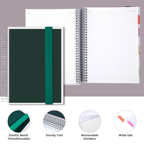 Yoment 5 Subject Notebook College Ruled, 300 Pages Spiral Notebook with Removable Divider Tabs，Hardcover 8 x 10 Inches College Ruled Journal 1 Inner Pocket for School College Work Office Home,Green - color: Green