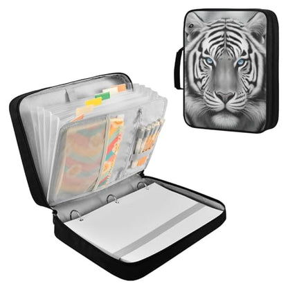 Heavy-Duty 3-Hole Ring System Binder Bag with 7-Compartment Document Sorter and 5 Elastic Pen Slots for Academic Lecture Halls Black White Tiger