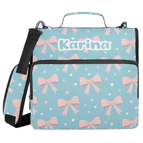 Custom Bow Pink Blue Pattern 3 Ring Zipper Binder with Shoulder Strap & Handle 1.5 Inch D-Ring Zippered Bag with Multiple Pocket, Personalized Binder Organizer for School or Office - color: Cute Bow Pink Blue