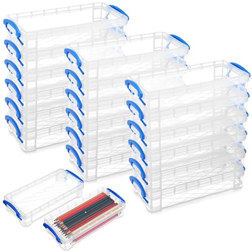 Gueevin 24 Pcs Large Capacity Plastic Pencil Box Clear Plastic Pencil Case Crayon Box with Snap Tight Lid Watercolor Pen Storage Brush Organizer Drawing Tools Container (Blue) - color: Blue