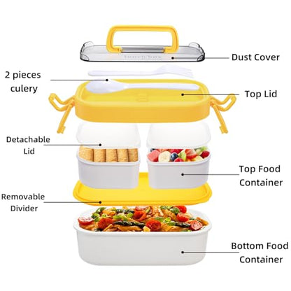 Covzoe 3 Pack Stackable Bento Box, Leakproof Adults Lunch Box with Spoon Fork, Portable 3 Compartments Food Storage Snack Containers with Handle for Dinner out Work Picnic, Microwave Safe