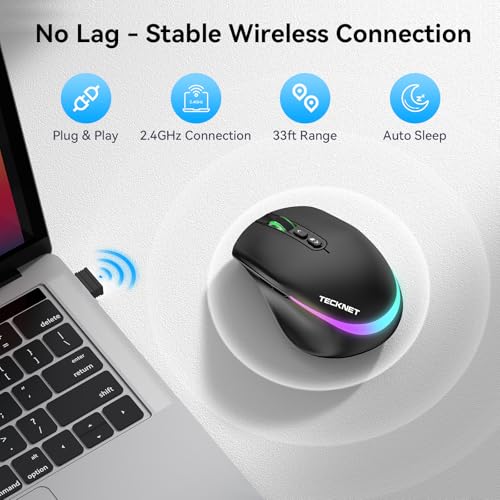 TECKNET Wireless Mouse Jiggler, Rechargeable Mouse with Built-in Mouse Mover, 6 Adjustable DPI,14 LED Modes, Silent Click,Undetectable Random Movement Keeps Computer Awake for Laptop/PC/Mac - Black - color: Black