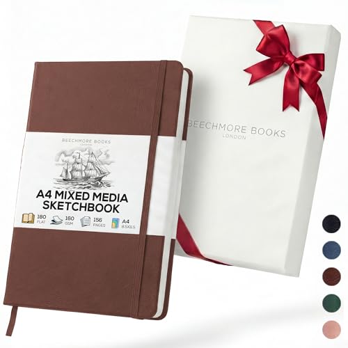 Beechmore Books A4 Mixed Media Sketchbook - 8.5"x11" Hardcover Lay-Flat Art Journal, 160 GSM / 98 lb Professional Ivory Paper, 156 Perforated Pages, Gift Box, Ink, Drawing and Light Watercolor - color: Chestnut Brown, size: A4 - 8.5" x 11.5" Large