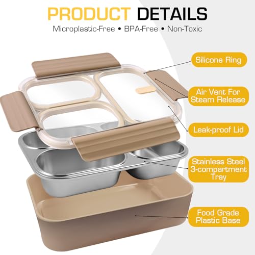 Stainless Steel Lunch Box, 3 Compartments Metal Bento Box for Kids, 25oz Lunch Container with Leakproof Lid, Divided Meal Prep Box for Adults, Kids - Ideal for Office, School, Healthy Eating - color: Mocha Khaki