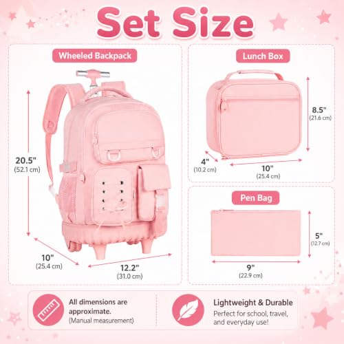 KLFVB Rolling Backpack for Girls, 3PCS Roller Bookbag with Lunch Bag for Kids, Wheeled School Bag for Teen - Pink Ribbon Bow - color: Pink Ribbon Bow Rolling Backpack
