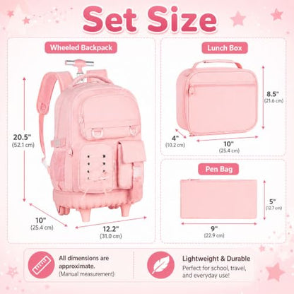 KLFVB Rolling Backpack for Girls, 3PCS Roller Bookbag with Lunch Bag for Kids, Wheeled School Bag for Teen - Pink Ribbon Bow - color: Pink Ribbon Bow Rolling Backpack