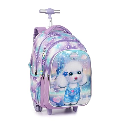 Cartoon Rolling Backpack for Boys Girls, Kids 5 Pcs Wheeled Backpack, Travel Backpack for Elementary Students (Dog Purple) - color: Dog Purple