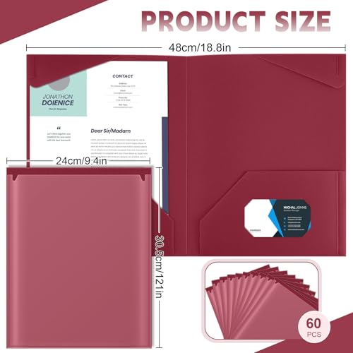 Henoyso 60 Pack Plastic Folders with Clear Front Pockets Bulk Heavy Duty File Folders with 2 Pockets and Card Slot for Student Teacher Back to School Supplies Office Presentation (Dark Red) - color: Dark Red