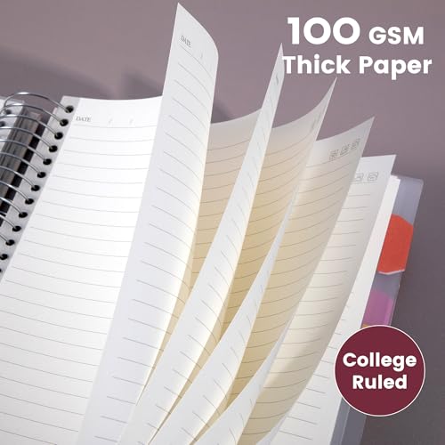 5 Subject Notebook College Ruled Spiral Notebook with Divider Tabs 300Page | Thick 100GSM paper offers smooth writing,inner pocket stores loose papers and notes,perfect for school,office and planning - color: Red