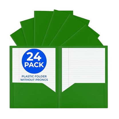 24 Pack Green Plastic Folders with Pockets Heavy Duty. 2 Pocket Folder no Prongs Bulk. Tear-Resistant Letter Size 8.5x11. Presentation Ready School and Office Supplies - color: Green, style: No Prongs