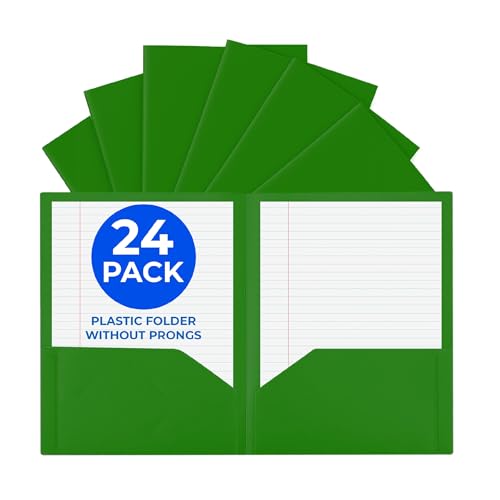 24 Pack Green Plastic Folders with Pockets Heavy Duty. 2 Pocket Folder no Prongs Bulk. Tear-Resistant Letter Size 8.5x11. Presentation Ready School and Office Supplies - color: Green, style: No Prongs
