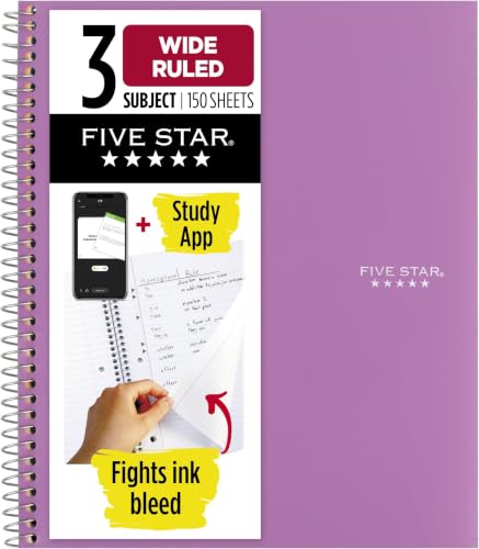 Five Star Spiral Notebook + Study App, 3 Subject, Wide Ruled Paper, 8" x 10-1/2", 150 Sheets, Fights Ink Bleed, Water Resistant Cover, Amethyst Purple (38737) (Pack of 6) - color: Purple, size: 8" x 10-1/2" (Pack of 6)