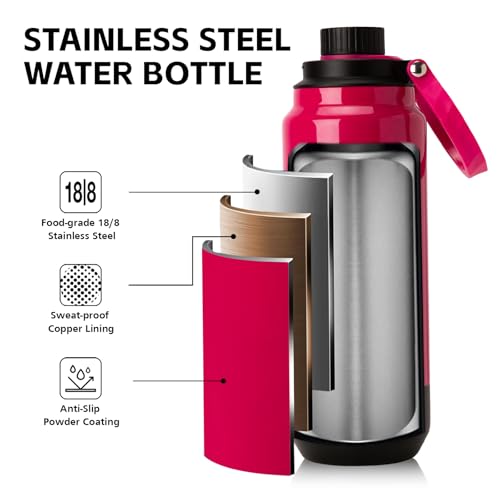GREYLOCK 32 oz Insulated Water Bottle with Straw Lid, Leakproof Reusable Stainless Steel Vacuum Flask, 24hr Cold & Hot, Carry Handle & Silicone Spout, BPA-Free for Gym, Hiking, Travel, Red - color: Raspberry Ridge, size: 32 Ounces