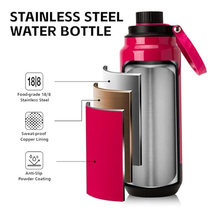 GREYLOCK 32 oz Insulated Water Bottle with Straw Lid, Leakproof Reusable Stainless Steel Vacuum Flask, 24hr Cold & Hot, Carry Handle & Silicone Spout, BPA-Free for Gym, Hiking, Travel, Red - color: Raspberry Ridge, size: 32 Ounces