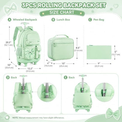 HPJGD 3PCS Girls Rolling School Backpack, Green Bow Tie Wheeled Backpacks, Water-Resistant Roller Bookbag Set - color: Green Bowknot Rolling Backpack Set