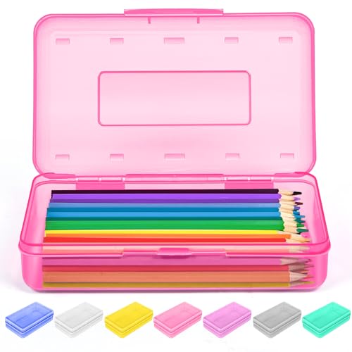 Sooez 1 Pack Pencil Case, Clear Pencil Box with Stickers, Large Plastic Crayon Box with Snap-tight Lid, Stackable Storage Box Art Craft Marker Organizer Box for Kids Boys Back to School, Pink | Clear Pink, Large Capacity, Stickers, Snap-tight Lid, Stackab