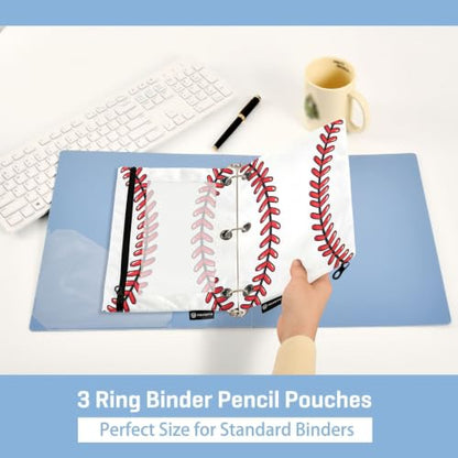 Pencil Pouch 3 Ring Baseball Lace Red Stitches Zipper Pencil Pouches Case Binder Cosmetic Bag 2 Pack for Office School College Supplies - color: Baseball Lace Red Stitches