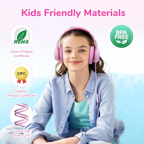 EarFun K3 Kids Headphones, Over Ear Headphones with Microphones, 85/94dB Safe Volume Limit, HD Stereo Sound, 3.5mm Jack, Foldable Wired Headphones for School/Travel/Boys/Girls/Tablet/iPad, Pink - color: Pink