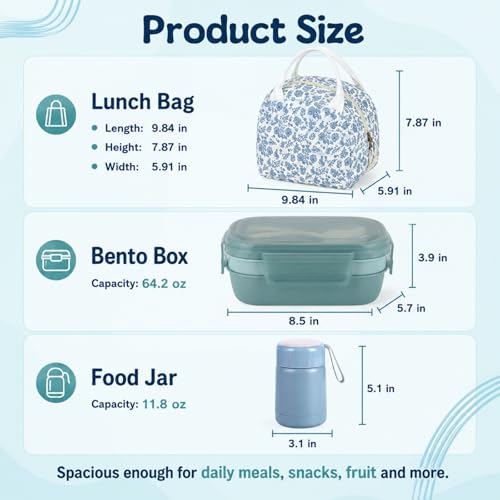 Bento Lunch Box Set for Women, with 12oz Soup Thermo, with Leak-Proof Food Containers, Insulated Lunch Bag for Girls for Travel Picnic - color: Blue Flowers