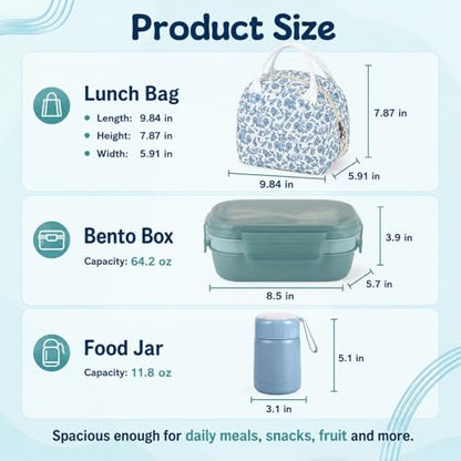 Bento Lunch Box Set for Women, with 12oz Soup Thermo, with Leak-Proof Food Containers, Insulated Lunch Bag for Girls for Travel Picnic - color: Blue Flowers