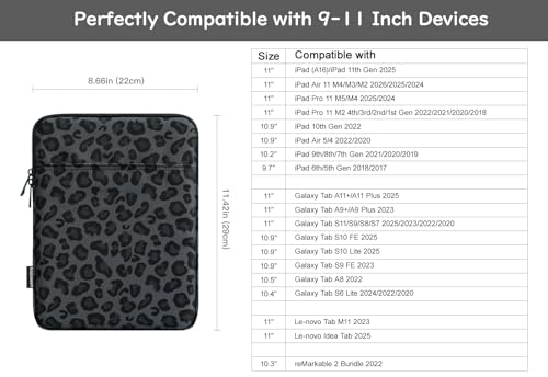 Dadanism 9-11" Tablet Sleeve Bag Carrying Case for iPad (A16) 11th Gen 11", iPad 10th Gen 10.9" Air 5/4, iPad Air/Pro 11", iPad 9/8/7th 10.2", Galaxy Tab A11+ Plus 11"/S9 FE, Tab M11 11",Leopard Black - color: Leopard Black, size: 9-11 inch