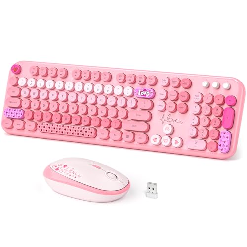 Dilter Wireless Keyboard and Mouse, Typewriter Full Size Keyboard with Number Pad and 2 in 1 USB Connected Mouse for Windows 7/8/10, Laptop, Desktop, PC, Computer (Pink Colorful) - color: Lovely Pink