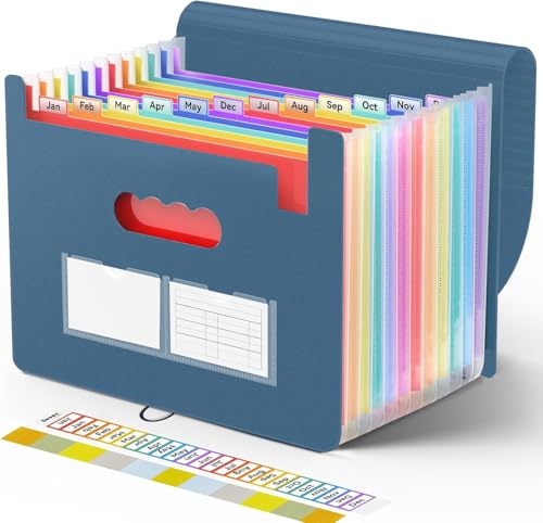 Sooez Accordion File Organizer, 13 Pockets Expanding File Folders, Portable Monthly Paper Bill Tax Receipt Organizer, Letter A4 Size Document Holder with Blank Labels - color: Navy Blue, size: 1 Pack