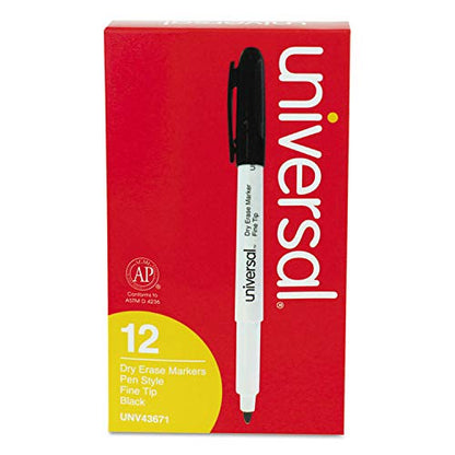 Universal 43671 Pen Style Dry Erase Marker, Fine/Bullet Tip, Black, Dozen