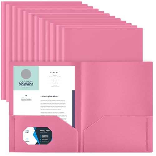 Gueevin 100 Pack Plastic Folder with Pockets, 2 Pocket Folders, Plastic Glossy Folders Fit Letter Size Paper, Heavy Duty Durable File Folder with Business Card for Home Office School (Pink) - color: Pink