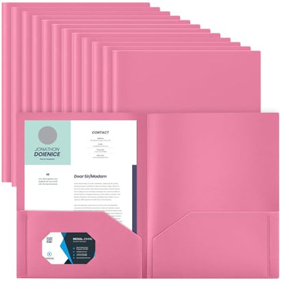 Gueevin 100 Pack Plastic Folder with Pockets, 2 Pocket Folders, Plastic Glossy Folders Fit Letter Size Paper, Heavy Duty Durable File Folder with Business Card for Home Office School (Pink) - color: Pink