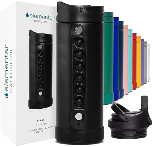 Elemental Iconic Kids Water Bottle for School - 100% Leak-Proof Insulated Water Bottles with Straw Lid & Pop-It Handle for Boys & Girls - Triple-Wall Insulated & BPA-Free, 14oz – Black - color: Black, size: 14 Ounces