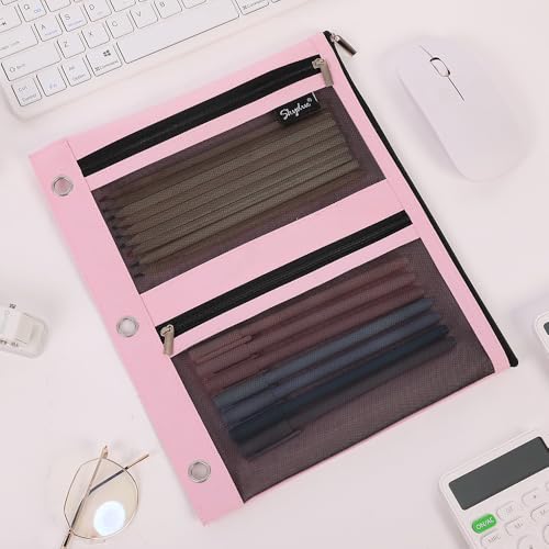 SKYDUE Pencil Pouch for Binder, Pencil Case, 3 Ring Binder Pencil Pouch with 3 Pockets and Mesh Window, Zipper Pencil Pouch, Durable Organizer for School Supplies, Cables, Earbuds, Makeup, Pink - color: Pink