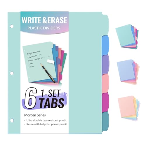 Sooez 6-Tab Durable Plastic Write & Erase BigTab Dividers for 3 Ring Binder | Aesthetic Cute Pastels Binder Dividers for Student, Teacher, Office, Home Organizers, 1 Sets, Trendy - color: Trendy, size: 1 set