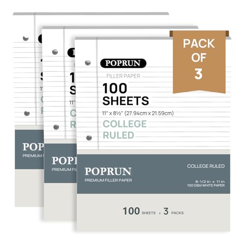 POPRUN Loose Leaf Paper College Ruled, 3 Pack, 3 Hole Punched Binder Papers | 100 GSM, 8mm Lined Notebook, 100 Sheets Each, Office, Home, Meeting Notes, School Supplies - size: College Ruled