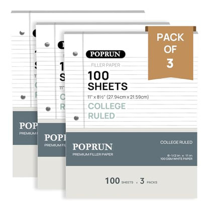 POPRUN Loose Leaf Paper College Ruled, 3 Pack, 3 Hole Punched Binder Papers | 100 GSM, 8mm Lined Notebook, 100 Sheets Each, Office, Home, Meeting Notes, School Supplies - size: College Ruled
