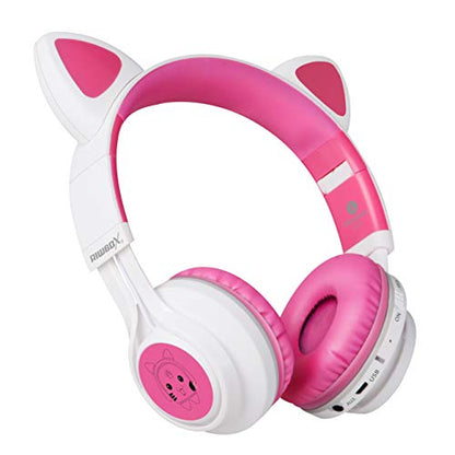 Riwbox CT-7 Cat Ear Bluetooth Headphones, LED Light Up Bluetooth Wireless Over Ear Headphones with Microphone and Volume Control for Travel/School/Smartphones/Laptop/PC/TV (White&Pink) - color: White&Pink