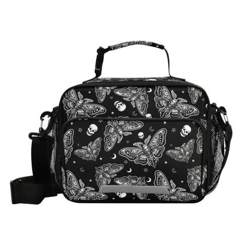 MNSRUU Student Insulated Lunch Bag Moth Skull Moon Esoteric Goth | Lunch Box Dinner Totes Picnic Bag with Adjustable Shoulder Strap for Teen Kids Adults with side pocket for women for work - color: Moth TH0035